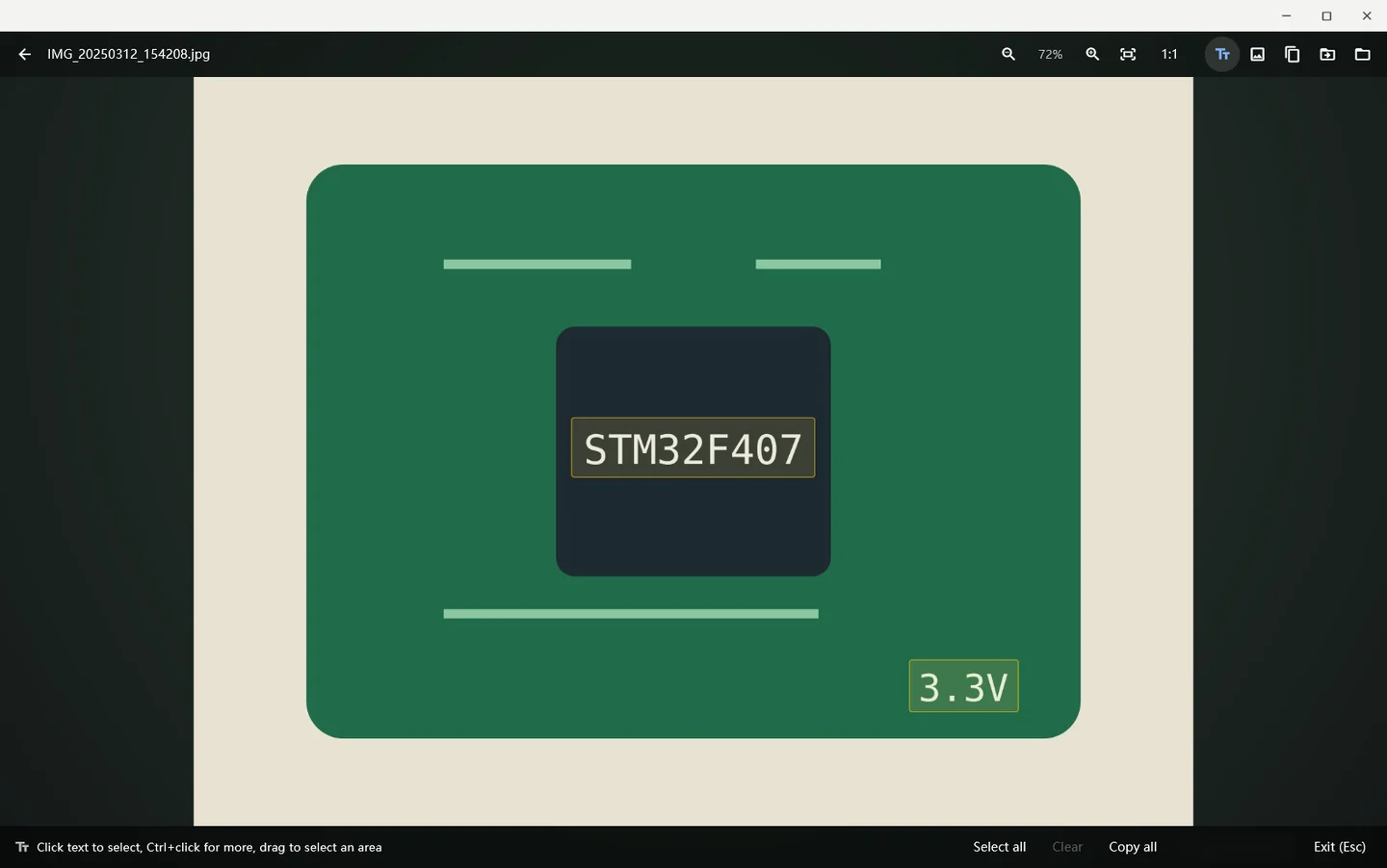The part number STM32F407 and 3.3V are recognized and outlined in the photo