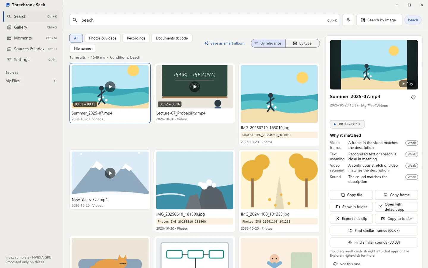 Searching for “beach”: the beach video ranks first with 00:03–00:13 marked, beach photos follow, and the reasons for the match are on the right